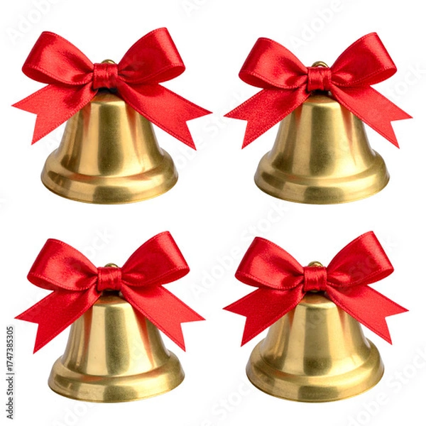 Obraz Four golden bells with red bows on a black background, a festive arrangement