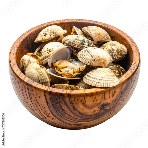 Fototapeta A wooden bowl overflows with fresh clams, some open, showcasing the seafood