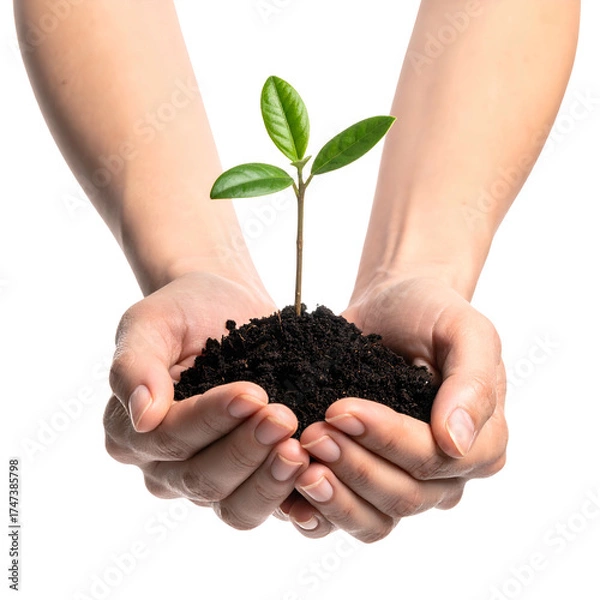 Fototapeta Two hands cradle soil with a small seedling growing upwards, representing new life
