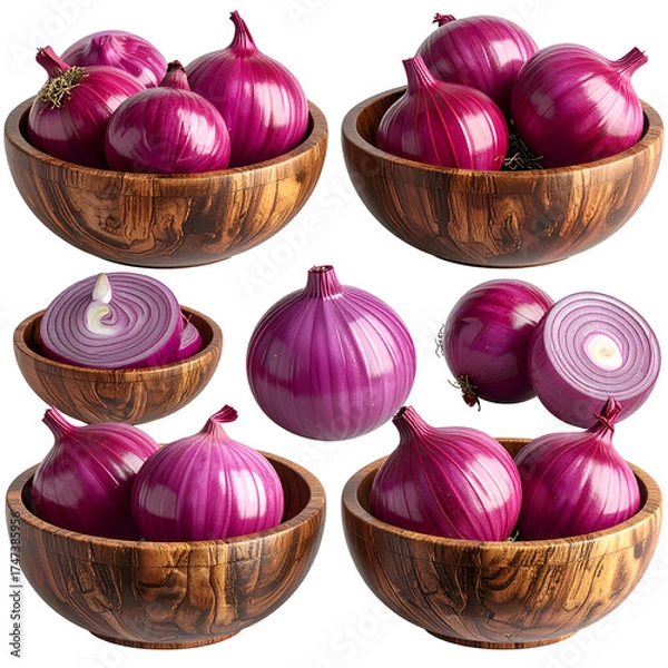 Fototapeta Multiple views of red onions in wooden bowls, some halved, against a black background