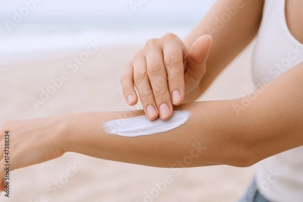 Fototapeta Woman applying sunscreen lotion on arm for protection against sun damage on the beach