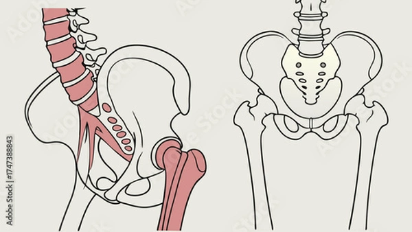 Fototapeta Human Anatomy Illustration Pelvis and Spine Diagram showing sacrum coccyx ilium ischium pubis and lumbar vertebrae.