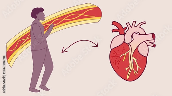 Fototapeta Illustration of a person carrying a large blood vessel leading to a human heart.