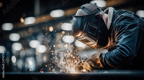 Fototapeta Welder in Action: Sparks Flying During Metal Fabrication, Industrial Manufacturing and Skilled Craftsmanship