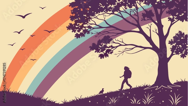 Fototapeta Retro styled illustration of a person hiking with a rainbow and birds.
