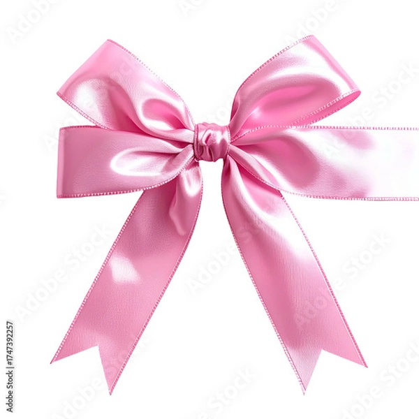 Fototapeta A pink satin bow with long streamers against a black background, slightly glossy