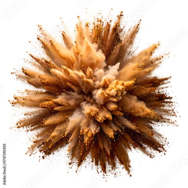 Fototapeta A top-down, explosion of brown and gold dust on a black background, resembling a burst