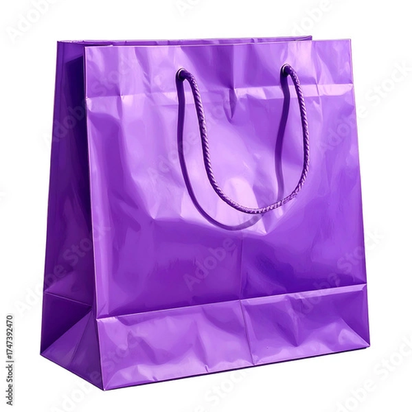 Fototapeta A shiny, purple shopping bag with a looped handle casts a shadow