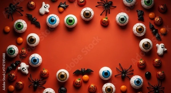 Obraz A festive Halloween frame made from spooky candy eyeballs, spiders, bats, and ghosts on a vibrant orange background.