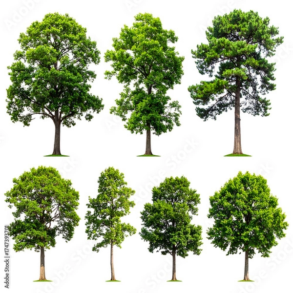 Fototapeta Isolated images of various healthy green trees with diverse shapes, transparent background
