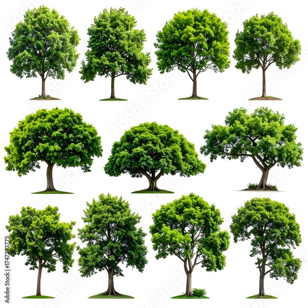 Fototapeta A collection of various leafy trees, isolated on a black background, offering diverse shapes