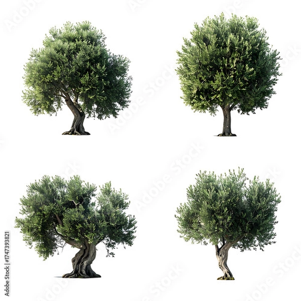 Fototapeta Four images of olive trees with lush green foliage isolated on a black background