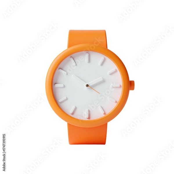 Fototapeta An isolated orange wristwatch with white face, simplified minimalist design on black background