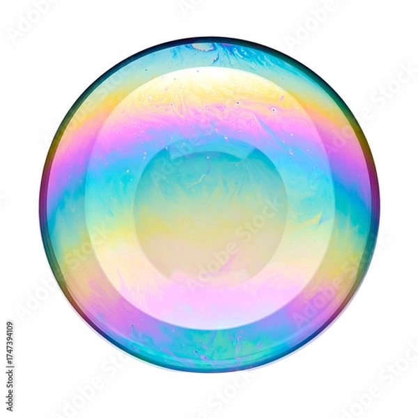 Fototapeta A large, iridescent soap sphere against black, reflecting colorful light and swirling patterns