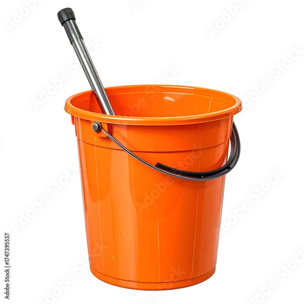 Fototapeta A bright orange plastic bucket with a black handle and a silver-handled scoop inside