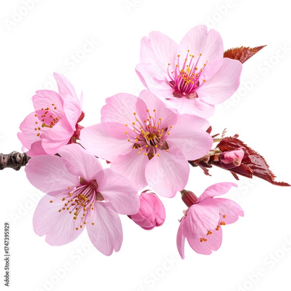 Fototapeta Delicate pink cherry blossoms bloom on a branch with some buds in a close-up view