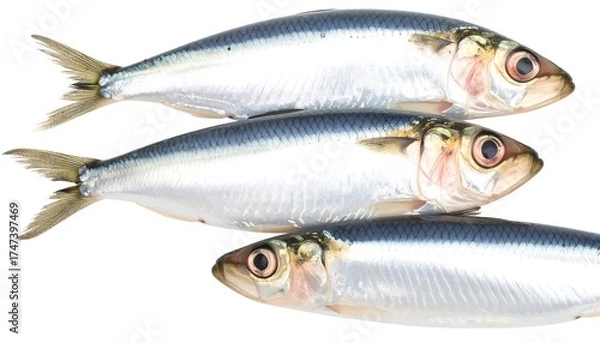 Obraz Three whole sardines arranged, against a white background