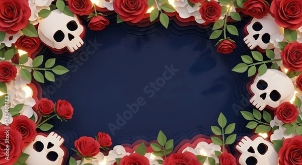 Obraz A festive frame made of papercraft skulls, red roses, and white flowers on a layered dark blue background with copy space.