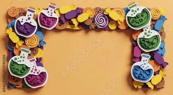 Obraz A whimsical frame made of colorful cartoon potions and assorted candies on a plain orange background.