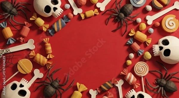 Obraz Halloween circular frame with clay-style skulls, spiders, bones, and candy on a red background.