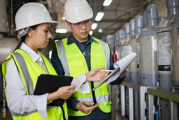Fototapeta Two engineers inspecting SF6 gas cylinders in industrial facility. Focus on safety management, hazardous material control, compliance documentation, teamwork, and workplace safety audit