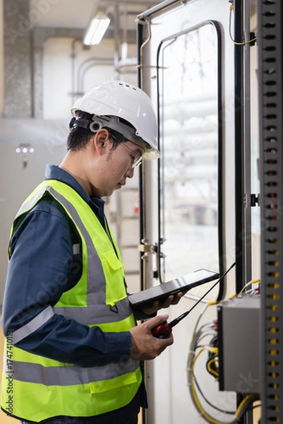 Fototapeta industrial maintenance, workplace safety, Male engineer in safety helmet and reflective vest inspecting electrical control panel with tablet and walkie-talkie, modern energy infrastructure