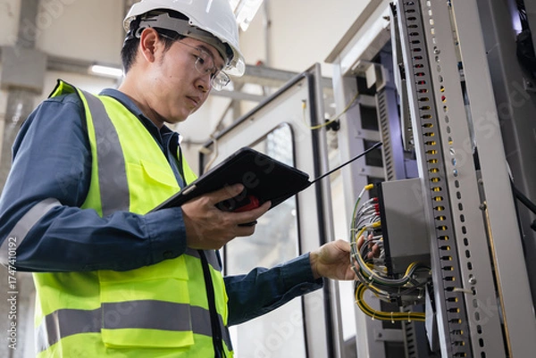 Fototapeta industrial maintenance, workplace safety, Male engineer in safety helmet and reflective vest inspecting electrical control panel with tablet and walkie-talkie, modern energy infrastructure