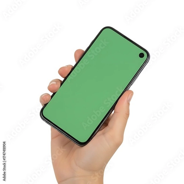 Obraz Hand Holding Modern Smartphone with Greenscreen Display, Isolated on White Background