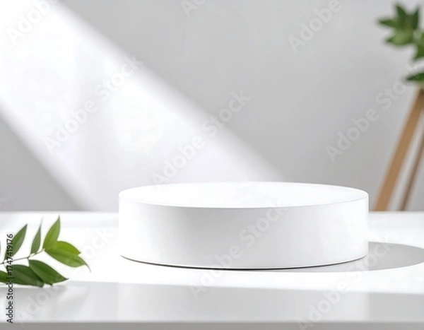 Fototapeta White circular pedestal on a white surface with natural light