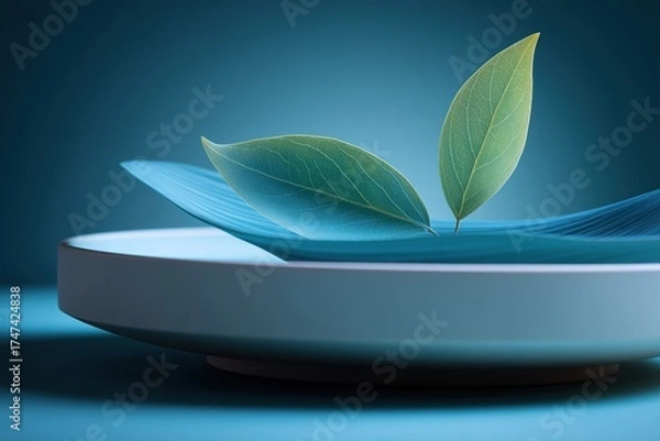 Fototapeta Minimalist flat lay composition, fresh green leaf on teal blue gradient background, organic texture for eco friendly, wellness, sustainable branding template