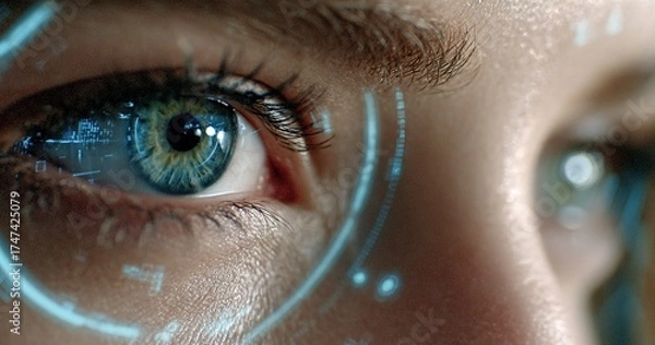 Obraz Futuristic eye tracking technology, blue iris with augmented reality interface overlay, biometrics, virtual display concept for sci-fi, security, innovation theme