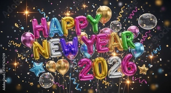 Obraz Happy New Year 2026 Balloons and Confetti Celebration.