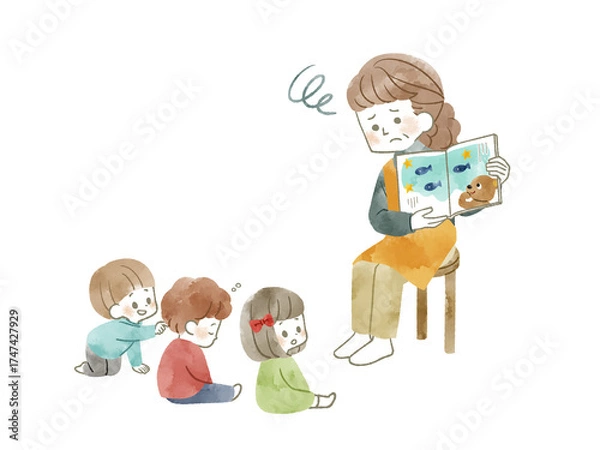 Obraz 絵本の読み聞かせ中に集中力が散漫になる子どもたち-水彩