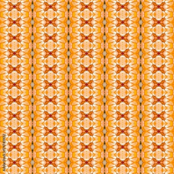 Fototapeta Bright symmetrical pattern in orange and white tones, resembling flower petals and honeycomb texture. Golden keywords: pattern, abstract, orange, symmetry, texture.