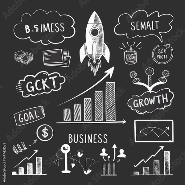 Fototapeta A chalkboardstyle illustration showcases business and startup concepts, featuring a rocket, bar graph, and various businessrelated icons, all rendered in white chalk on a dark background