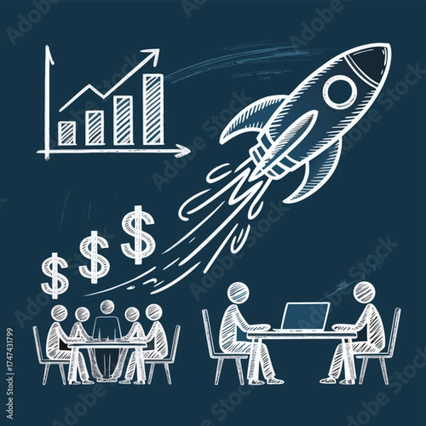 Fototapeta A dynamic illustration features a rocket soaring above a business meeting and a rising bar graph, symbolizing growth and success, all drawn in white lines on a dark blue background