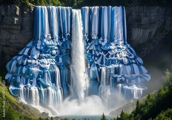 Obraz Spectacular fabric waterfall with intricate blue and white drapery
