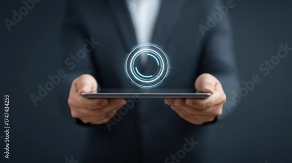 Fototapeta Businessman Holding Tablet with Digital Interface Icon, Innovative Technology Concept, Futuristic Interaction in Office Environment