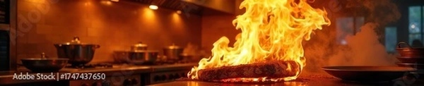 Fototapeta Intense Kitchen Fire Dramatic Close-Up of Flames Engulfing Restaurant Kitchen, Showing Chaos and Significant Property Damage