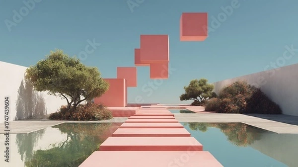 Fototapeta Surreal landscape with floating cubes and rectilinear pathway leading toward horizon