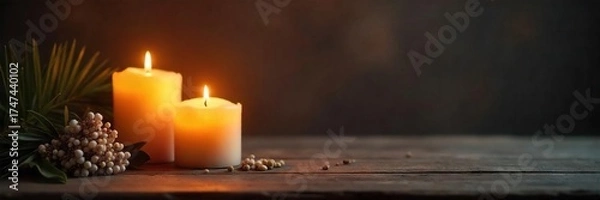 Obraz Warm Candlelight Illuminates Cozy Rustic Wood Scene Peaceful Spa & Home Decor Ambiance