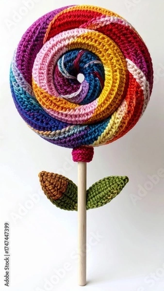 Obraz Colorful Crocheted Lollipop with Wooden Stick and Two Leaves on White Background