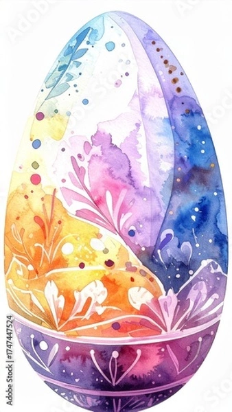 Fototapeta Watercolor Easter Egg with Floral Pattern in Warm and Cool Colors on White Background