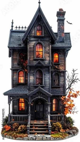 Obraz Spooky Three Story Wooden House with Orange Glowing Windows and Fall Foliage Pixel Art