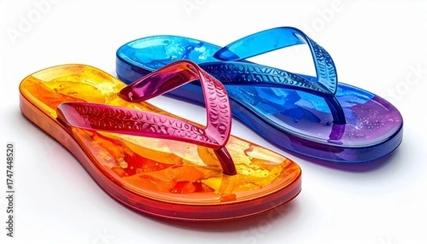 Fototapeta Pair of Translucent Orange and Blue Flip Flops on a White Background