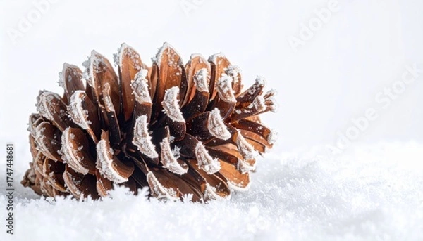 Fototapeta Close up of Pinecone Covered in Snow Against White Backdrop During Winter