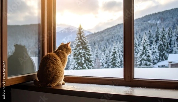 Obraz A ginger cat sits on a windowsill gazing at a snow-covered mountain landscape through a window as the sun sets