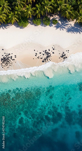 Fototapeta A realistic photography of beautiful diamond beach with gentle wave, clean water, white sand, coconut trees, and stone.