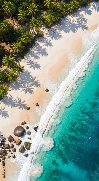 Fototapeta A realistic photography of beautiful diamond beach with gentle wave, clean water, white sand, coconut trees, and stone.