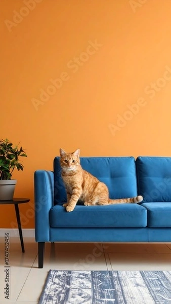 Obraz A ginger tabby cat sits proudly on a blue velvet sofa in front of a bright orange wall next to a potted plant